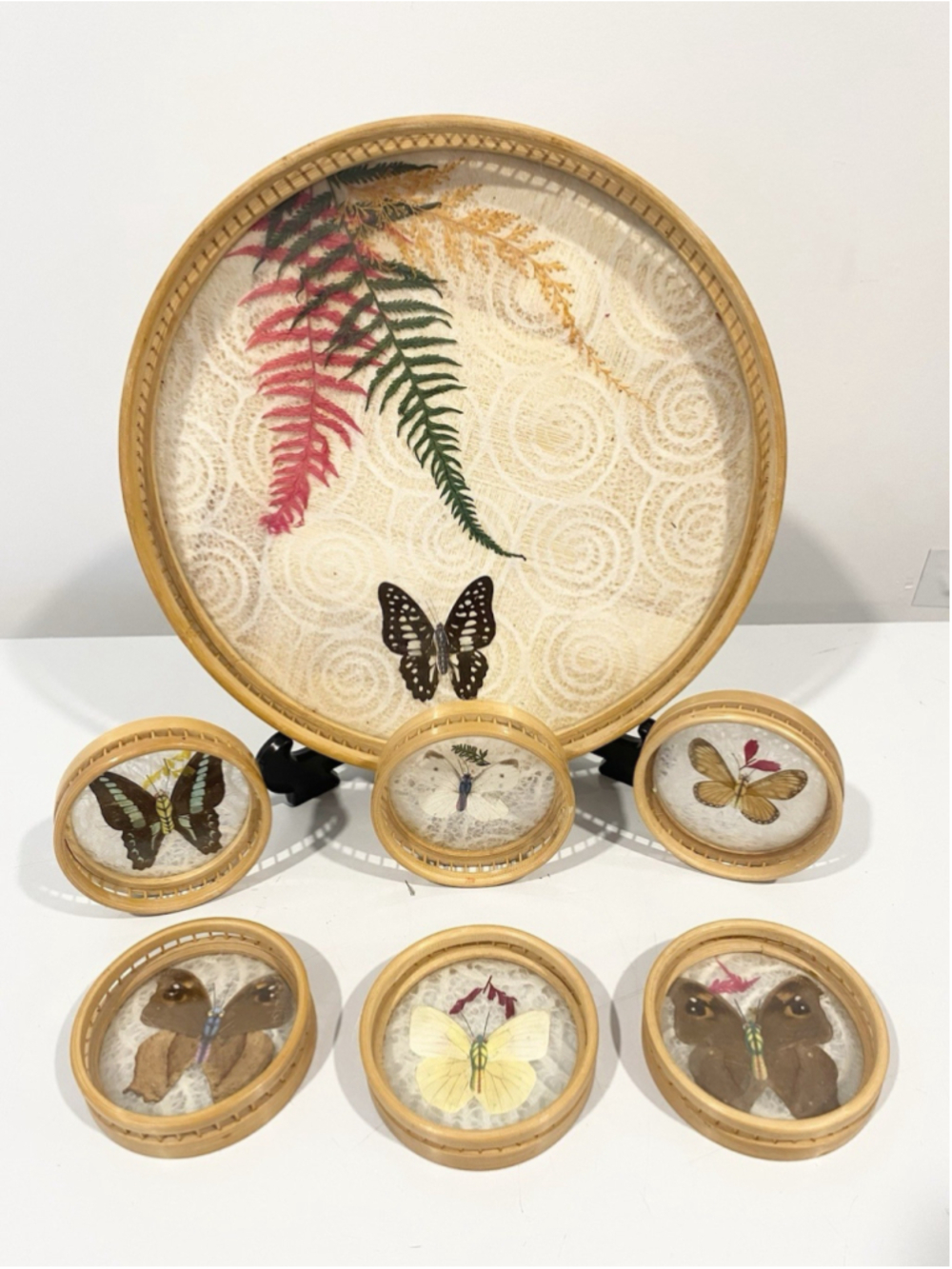 Vintage 1970s Bamboo Butterfly Taxidermy Serving Tray & 6 Coasters Set